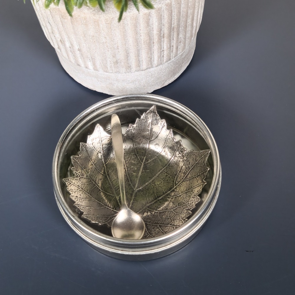 Anthropologie American Pewter Leaf Salt Cellar with Spoon Handcast Sonoma CA